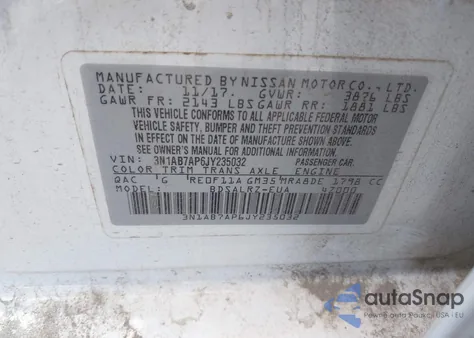 2018 Nissan Sentra Sr из США, поврежденный, VIN 3N1AB7AP6JY235032